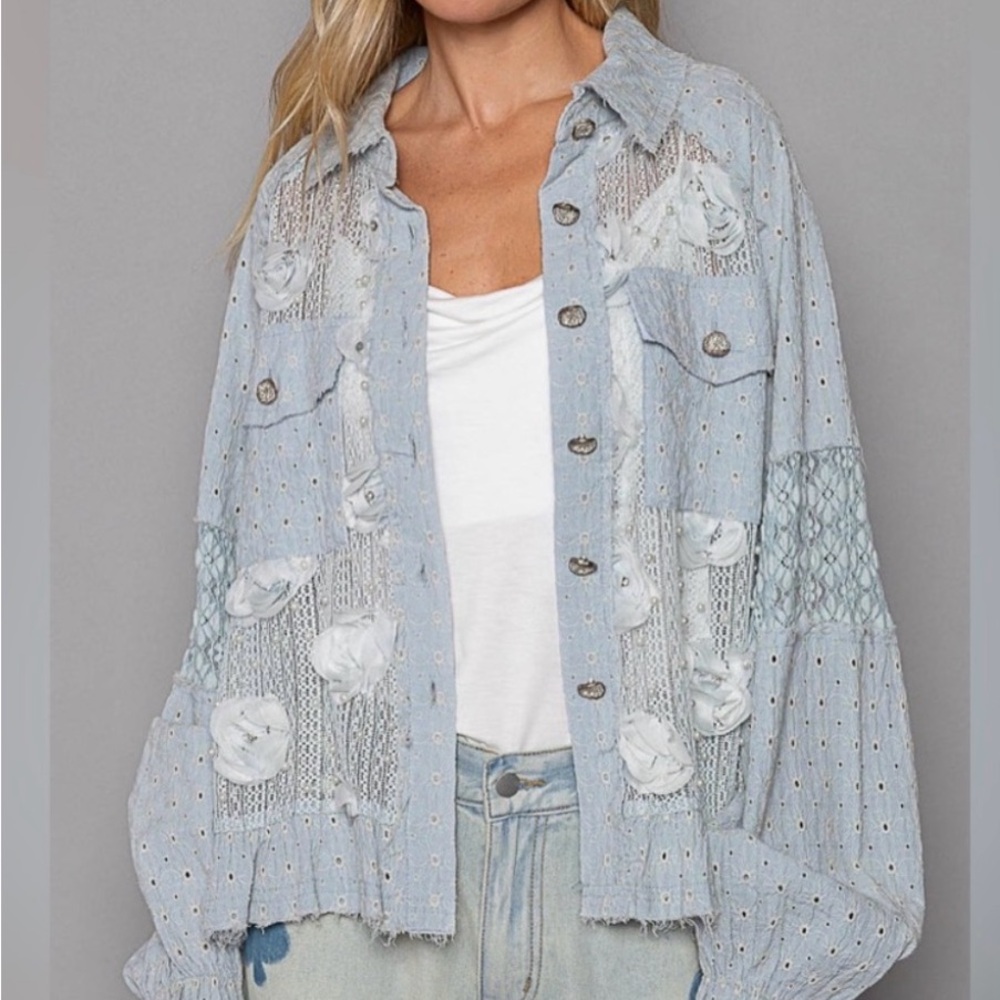 POL Light Gray Floral Appliqué Sequin shacket with balloon sleeves nwt - Picture 5 of 7